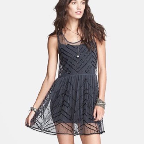 Free People Embellished Grey Sheer Slip Dress (L) - Picture 2 of 9